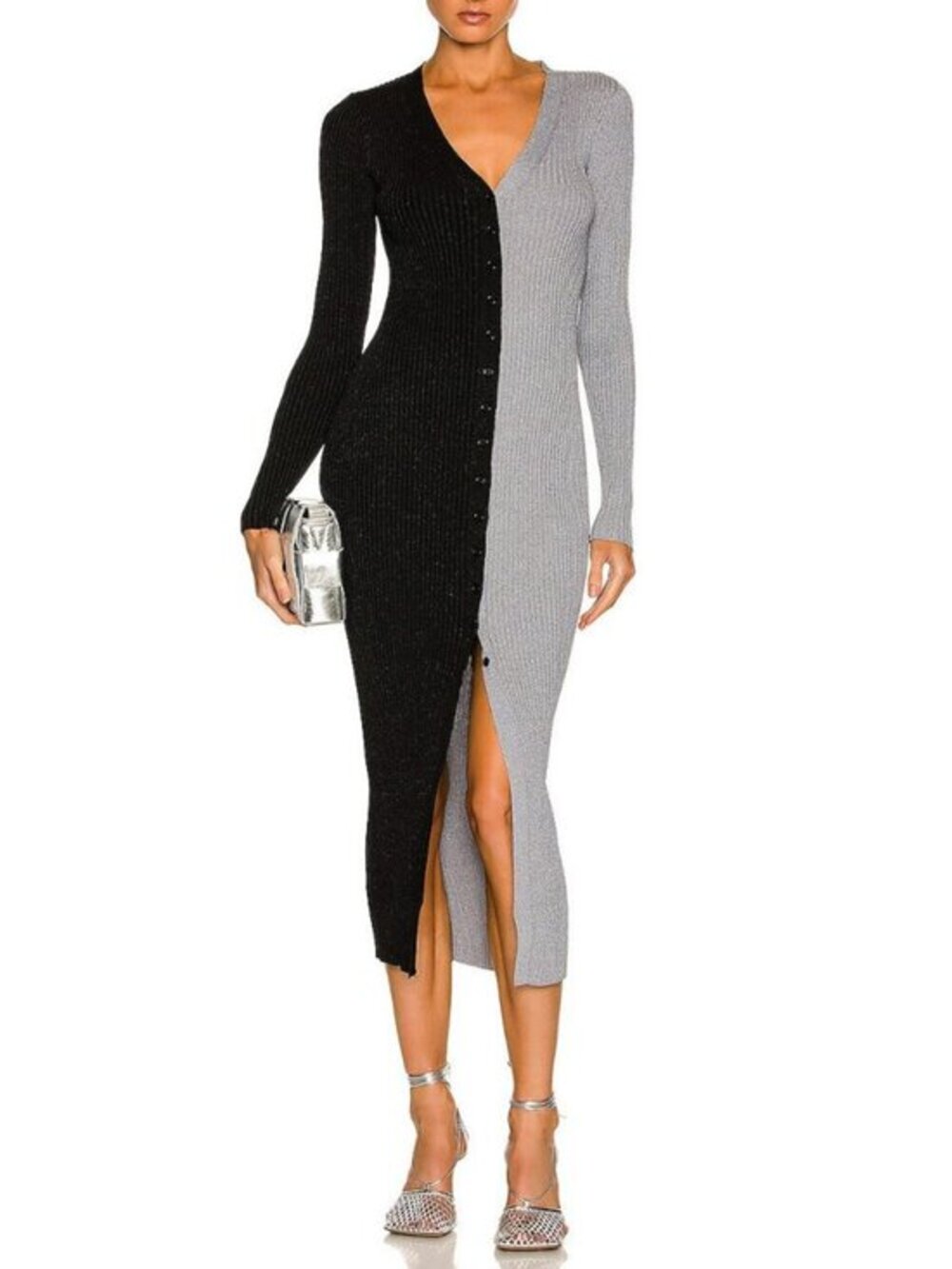 New Staud Shoko Glitter Ribbed Colorblock Dress Black Silver L $195